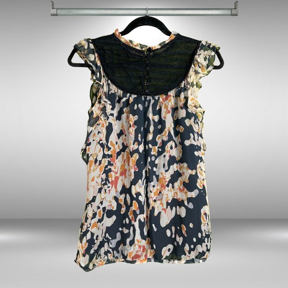 Sugarlips Ruffle Sleeveless Sheer, Lined Blouse Covered Buttons Mesh Lace Collar - Picture 2 of 5